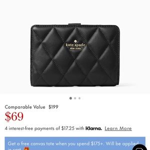 Kate Spade Natalia Medium Compact Bifold Wallet Smooth Quilted Black